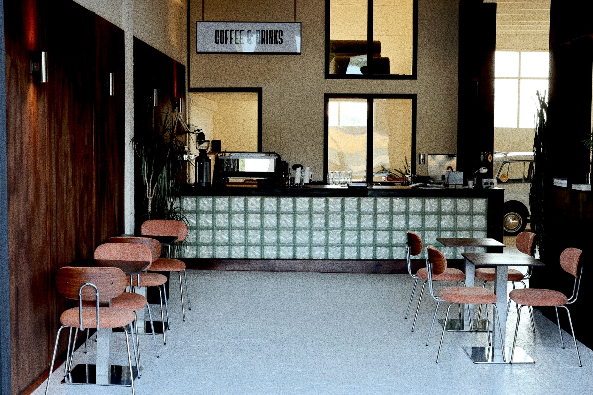 The coffee space - counter and tables.
